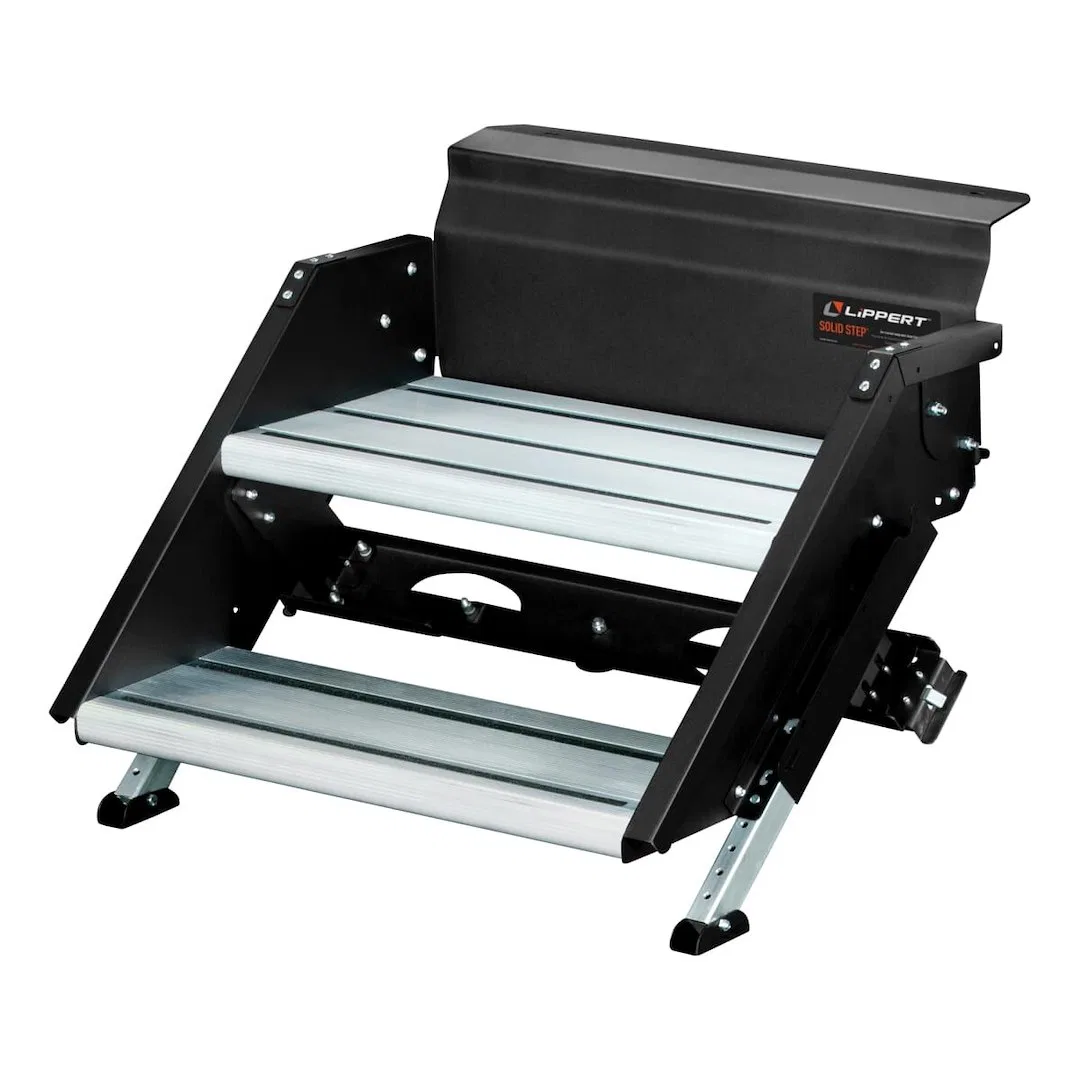 733932 – LIPPERT COMP Entry Step, 2 Manual Fold-Up Steps 24-1/8 Inch Width x 13 Inch Depth Top Tread/ 24-1/8 Inch Wid...